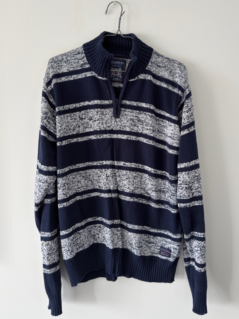 Men's Navy and White Striped Half-Zip Sweater